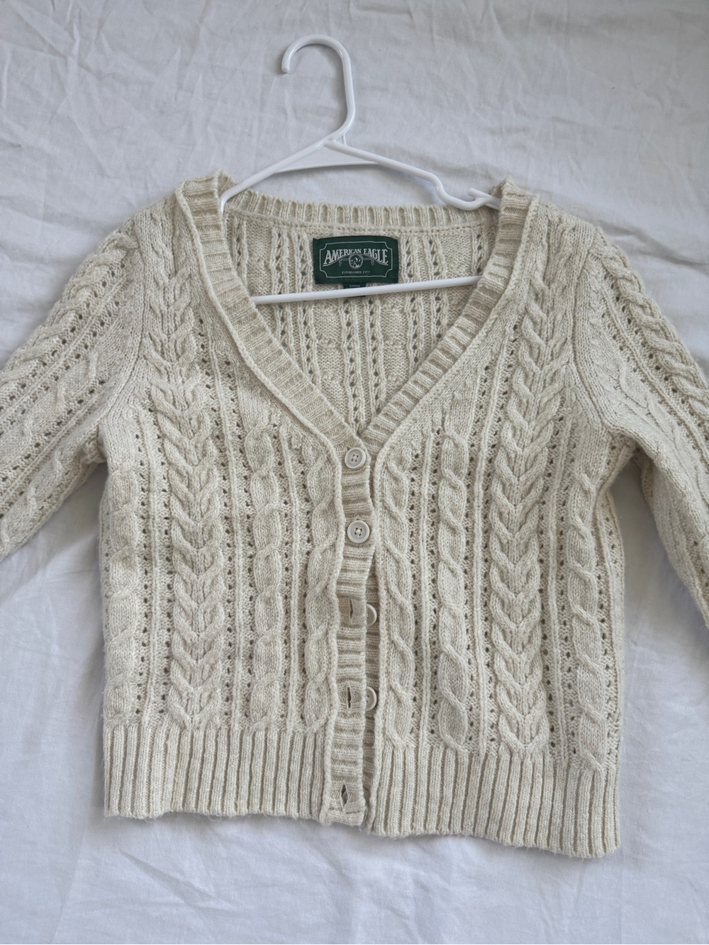 American Eagle Outfitters Cream Cable Knit V-Neck Button Cardigan